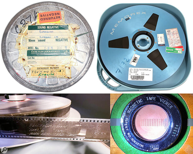 Archive material was sourced and freshly transferred from an incredible variety of original formats. Clockwise from top left: 16mm negative of the 1969 film Supershow, with Zeppelin performing ‘Dazed And Confused’; the Danish two‑inch PAL SECAM tape from which ‘Communication Breakdown’ was taken; the crucial quarter‑inch tape of John Bonham and Robert Plant being interviewed for Australian radio, seen through a magnetic viewer at Endpoint Audio Labs; and 35mm reel from the groundbreaking 1964 concert film TAMI Show, shot in Bill Sargent’s pioneering high‑definition Electronovision format.