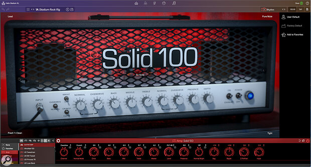 Focus View puts more information about the selected module at your fingertips — here, we can see the Focus Mode view of a Solid 100 amp model, the Minotaur distortion effect, and a Royer‑miked Fender cabinet.