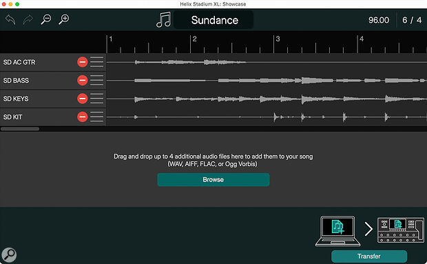The Showcase facility turns the Helix Stadium into a backing‑track player of up to eight mono or stereo files, and can also handle preset and snapshot switching.