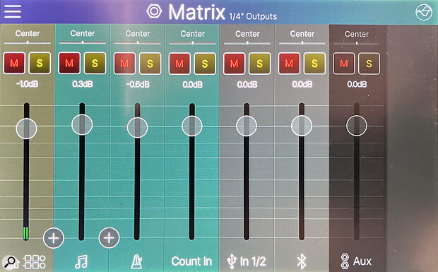 The Matrix mixer lets you create three mix balances of the Showcase tracks, a click and the live input sources, one going out on the XLRs, one on the jacks and the other out to headphones.