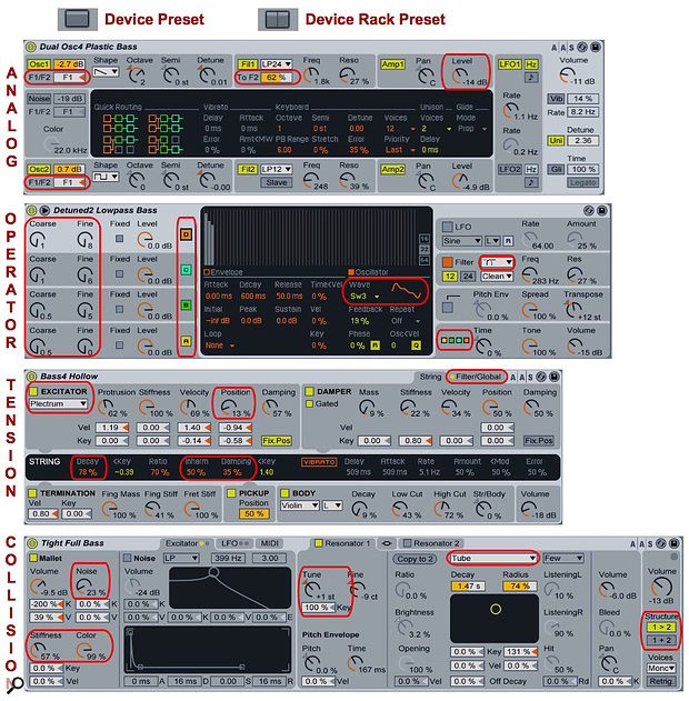 1: These are the bass presets for Analog, Operator, Tension and Collision, as described in the text.