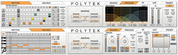 Screen 3: The Polytek panel’s Rhythm sequencer gates the bands of the Multi-band processor (top) while the Melodic sequencer plays the Source instrument, Analog in this case.