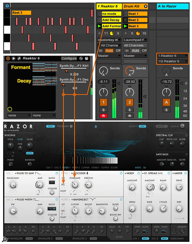 Screen 2: This three-track setup uses a MIDI track for Reaktor’s Razor synth (used as a vocoder), another MIDI track with a Drum Rack to modulate the vocoder, and a Return track to route the drums to Razor independently of their level in the Live mix. 