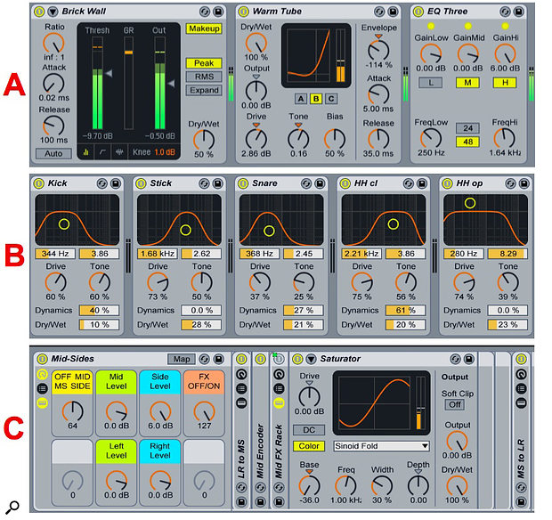 Screen 3 (A, B, C): A rhythm guitar loop is roughed up by Dynamic Tube, preceded by brick-wall compression and followed by EQ (A). Individual Overdrive effects process five kit pieces in a drum rack (B). Saturator is applied to the Mid component of a guitar, bass and drums mix, whereas the Sides component is simply boosted by 6dB (C).