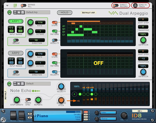 Screen 1: The Dual Arpeggio Player (top) in Pattern mode changes an incoming chord into the step-sequence pattern. Note Echo then repeats each note in the pattern 15 semitones higher.