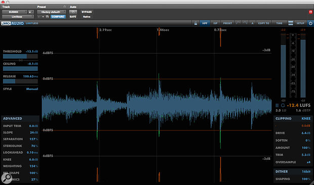 Limitless’s ‘time view’ shows the input signal as a scrolling waveform display. The green sections show where the limiter is active, and the red lines indicate gain reduction taking place.