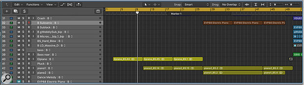 Screen 4: I  have duplicated the arrangement in Screen 3 to Track Alternative B and then made a range of changes including deleting, moving and recording regions. I can now switch between the arrangement in Screen 3 and the one in Screen 4 using the Track Alternative drop-down on any track. Because all tracks are grouped, all the playlists will switch simultaneously. 