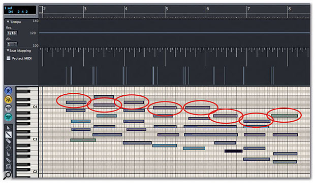 Screen 1. A freely played MIDI keyboard part won't match your MIDI bars and beats grid, but you can get Logic to move the grid so that it fits the played part. The first thing you have to decide is which events you're going to drag the bar lines to match — for this example, it's the ones circled above.