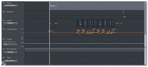 The new Global Tracks view collects together tracks that affect the entire song, such as the Marker and Chord tracks. 