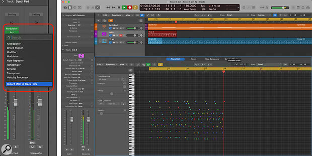 The Record MIDI to Track Here option lets you capture the output of any MIDI note‑generating plug‑ins. Select it and hit Record, and Logic will create a new region filled with editable MIDI notes.