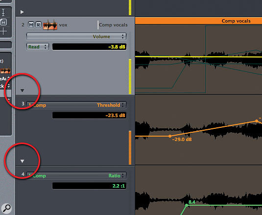 By clicking the little triangles to the left of the track list, you can display different types of automation data simultaneously.