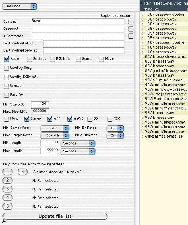 The Project Manager's Find mode allows you to specify various criteria for each supported file type and search for matching files in up to five locations (or in the entire database if no locations are specified). Here all audio files in a single path with the word 'Brass' in their file name are selected found and displayed.