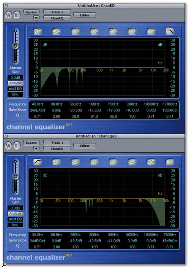 Here you can see how to set up a chained pair of Channel EQ plug-ins to reduce levels of hum and noise in a guitar recording.