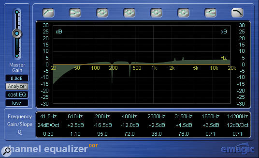 High-Q filtering in Channel EQ is very useful for snare-drum processing, not only for cutting out unattractive low-frequency resonances, but also for boosting particular high-frequency resonances which can make the sound more audible without radically affecting the instrument's tonality.