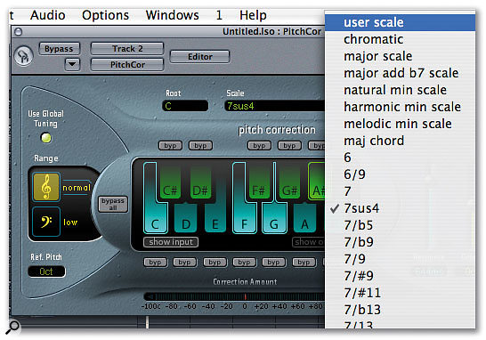 Logic's Pitch Correction plug-in: you can modify scales by selecting and deselecting notes from the keyboard in the centre of the window, or choose from the presets in the drop-down menu. 