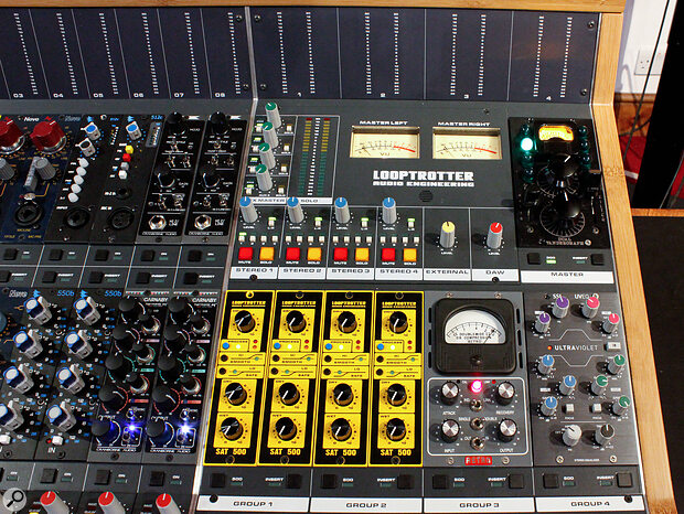 The upper section of the Master Module hosts controls for the aux sends, the main stereo inputs, and a pair of stereo inputs for external sources and DAW playback.