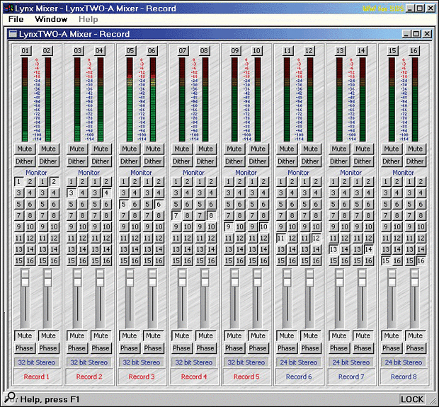 The Record Mixer window lets you select suitable input signals for each recording channel, as well as set up a complex monitoring mix to any combination of its various output sockets.