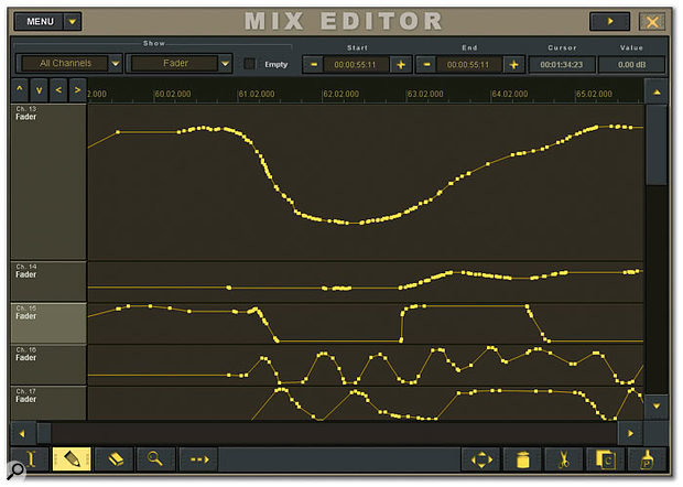 If you wish to edit mix automation in detail, the on-screen Mix Editor window offers much the same functionality as you'd expect from a software sequencer. If you wish to edit mix automation in detail, the on-screen Mix Editor window offers much the same functionality as you'd expect from a software sequencer.