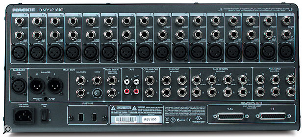 The rear panel includes a surprisingly large array of I/O for a mixer of this size, including direct outs for each channel via two D‑sub connectors.