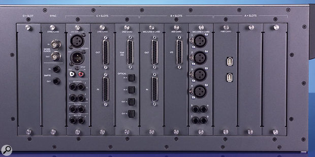 All the option cards currently available for the X200 (left to right): Sync Card, Mix Out Card, Line Card, Digital Card, Mic/Line 8 Card, AES Card, Mic/Line 4 Card, and Firewire Card. Of these, the first two are included with the X200 as standard, and the eight remaining slots can be filled with any combination of the other six optional cards. 