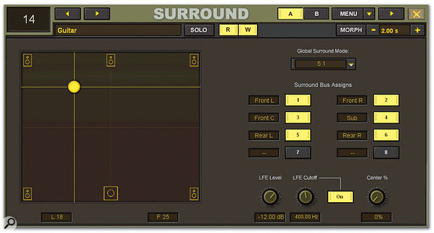 Most areas of the multi-channel mixer's condensed channel-strip display can be touched to access the more detailed settings displays shown to the right. Touching the metering display switches between per-channel and global metering displays. Most areas of the multi-channel mixer's condensed channel-strip display can be touched to access the more detailed settings displays shown to the right. Touching the metering display switches between per-channel and global metering displays.