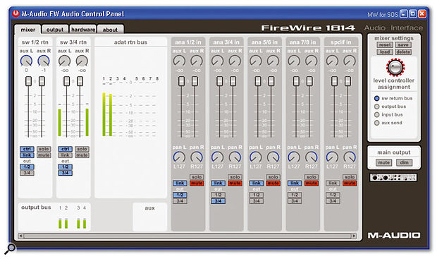 The Firewire 1814 Mixer provides plenty of versatility, especially since the Aux buss can not only be used to set up a separate monitor mix, but also to patch in an external hardware effects unit. In this screenshot you can also see the eight-channel metering of the ADAT option.