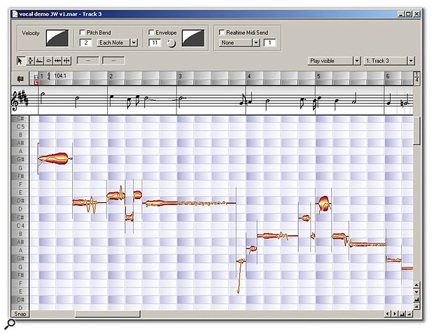 The Editor window with the Audio-to-MIDI and Notation displays switched on. Note the continuous pitch curve that passes through all the note 'blobs'.