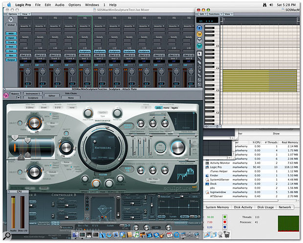 The Mac Mini is capable of running five eight-voice instances of Sculpture in Logic Pro 7.0.1, as shown here.