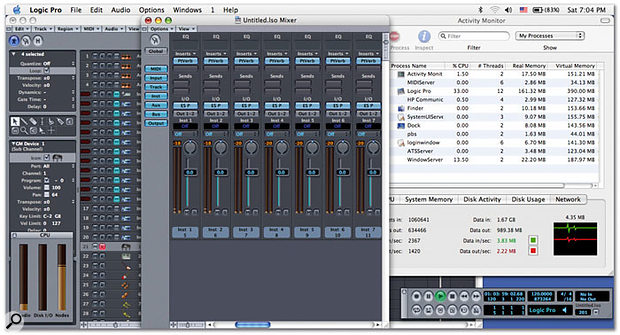 The Mac Mini could make a perfect Logic Node when used with a Powerbook via Firewire TCP/IP networking. This screenshot is taken from a Powerbook G4 running Logic Pro 7.0.1, but with Audio Objects offloaded to a Mac Mini running Logic Node, connected via Firewire.