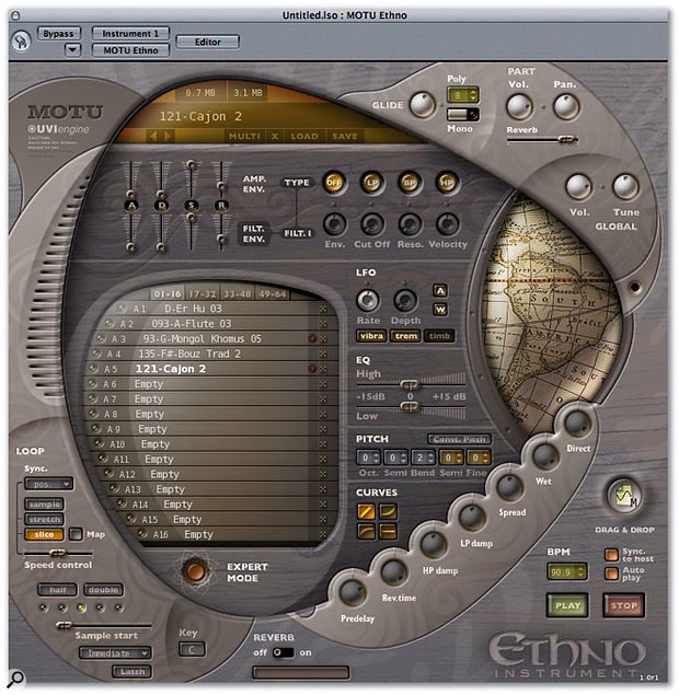 Ethno's main screen, hosting the part list (centre left); sound-editing facilities (including amplitude and filter envelope controls, filter parameters, LFO section and High/Low EQ); reverb parameters; and even a map of the world that scrolls to show the geographic origin of the selected sample!