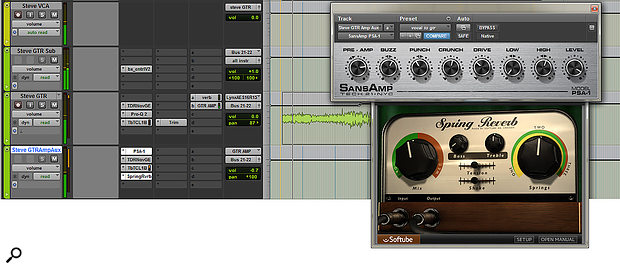 The lead acoustic guitar part was not only treated to some fairly detailed EQ’ing, but was also panned to one side and sent to an aux channel on the opposite side. Here, the sound was treated to a SansAmp distortion plug-in and some spring reverb to mimic the amped setup used by the band on stage.