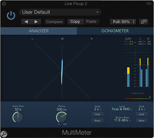 The goniometer confirmed what my ears were telling me — the original recording was a dual-mono affair.