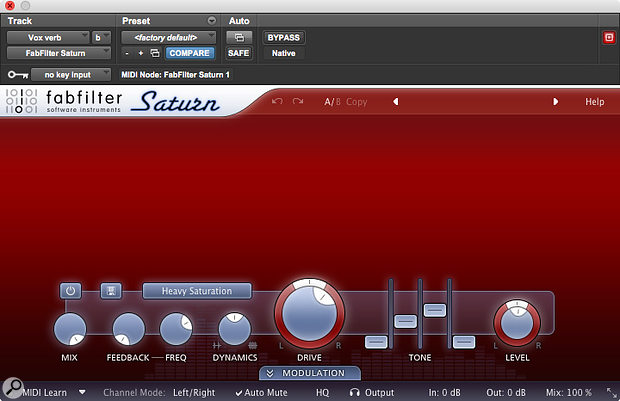 Numerous but small amounts of saturation style plug-ins were used on the mix, including the Fabfilter Saturn on the main Reverb return. 