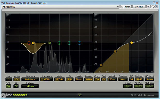 To counteract some variability in the degree of proximity-effect bass boost on the recording, Mike used a band of dynamic EQ from ToneBoosters' TB_FLX to compress with a soft knee at 330Hz.