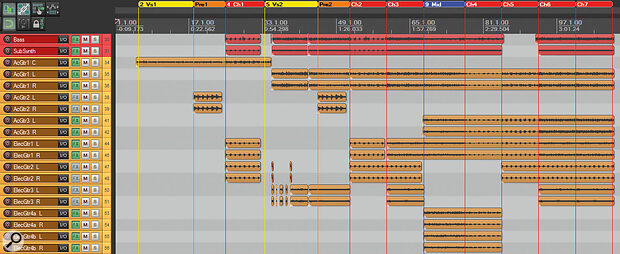 These two screenshots show the final acoustic/electric guitar and backing‑vocal arrangements from Mike’s remix of ‘Sunshine’. As you can see, the arrangement is designed to build up in two ‘ramps’, the first culminating in the middle section, while the second culminates in the final choruses. Notice also that, as part of this, no verse or chorus has exactly the same arrangement as another, which helps maintain the listener’s interest throughout the production’s timeline.