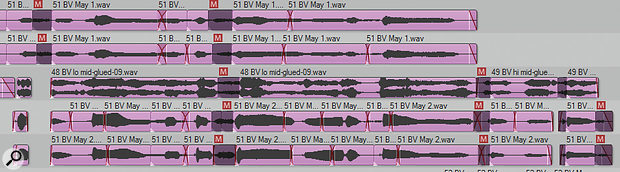 In order to get an airy vocal sound without abrasively over-prominent consonants (or lisping artifacts from extreme de-essing), Mike edited out many of the backing-vocal sibilant sounds completely.