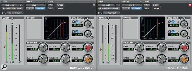 Two instances of Pro Tools' stock compressor were used in series on the kick drum.