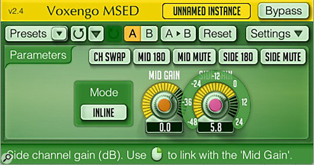 Voxengo’s freeware MSED plug‑in is great for simple Mid‑Sides rebalancing of stereo recordings — just so long as you’re aware that it won’t just be adjusting stereo width, but also ensemble balance, depth, and reverberance.