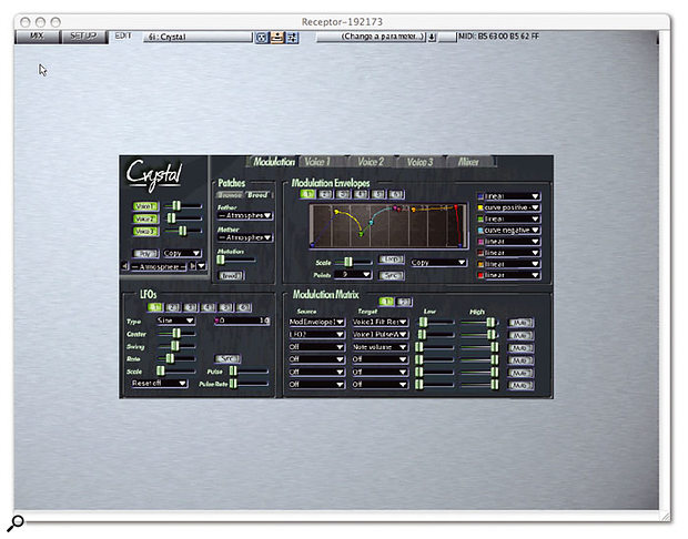 The third page offered by the Receptor Remote Control application provides graphical editing of virtual instruments and effects. Here, Crystal is being edited once again, this time in its own skin.