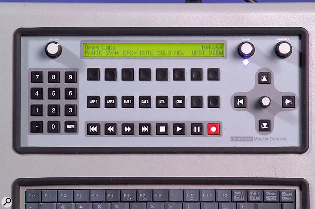 The master control panel, with its alpha stick (bottom right). As is evident in this and the picture on the previous page, front-panel labelling is minimal, because the physical controls can be assigned to so many potential tasks. This is fair enough, but maybe some scribble strips or overlays would have been nice to provide instant reminders of how you currently have the controls set up.