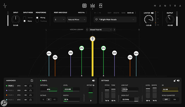 The Harmonies section provides automatic harmony part generation, using either scale‑based intervals or MIDI note input.