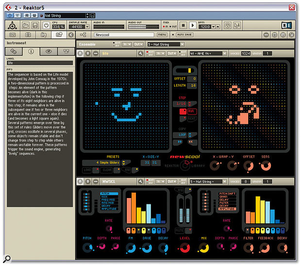 The new graphical interface is well illustrated by this updated version of the Newscool module, which now incorporates Conway's Game Of Life running as a sequencer, as well as a very different set of knobs and buttons.