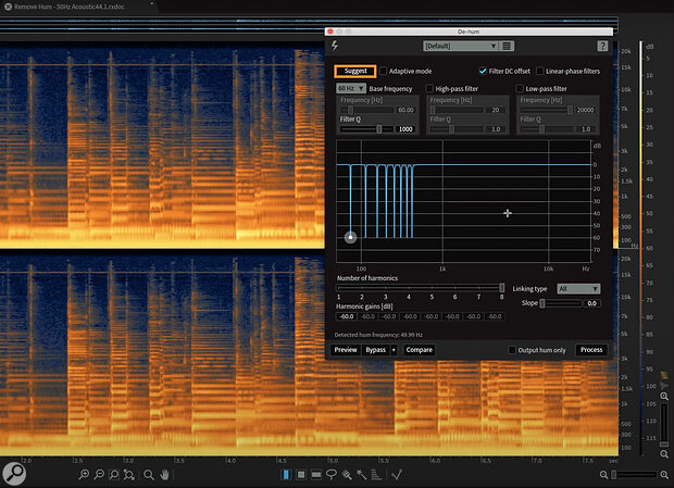 It’s possible to use software to tackle many problem noises, such as hum (being removed here using iZotope RX), after recording, but the more you ask of such software, the more audible and unacceptable the side‑effects will become.