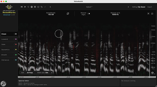 The Clean module of VoiceAssist Advanced provides de‑noise, de‑reverb and high‑frequency restoration processing, as well as simple spectral editing capabilities.
