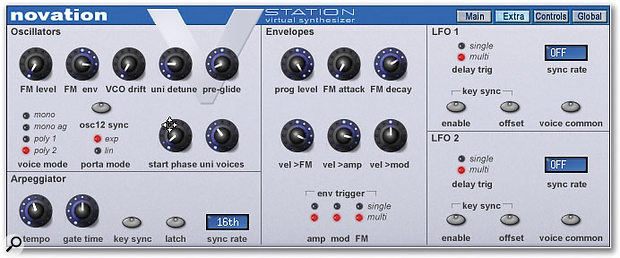 Less-frequently used controls are found under the 'Extra' tab at the top right of the plug-in window, such as the arpeggiator controls, those relating to FM and the LFOs, and VCO drift amount.