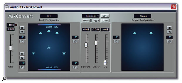 Nuendo 3 includes a new plug-in called Mix Convert to make it easy to downmix files, as shown here, to create a stereo mix from a 5.1 source.