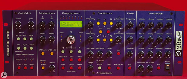 The Omega 8 controls are clearly and attractively laid out, with well-delineated sections for the oscillators, filters, envelopes, modulation, patch programming, and multitimbral and MIDI operations. More options are accessible than is apparent from the front-panel controls, of course — plenty of other features are reached via the Edit buttons in each section and the two-line display.