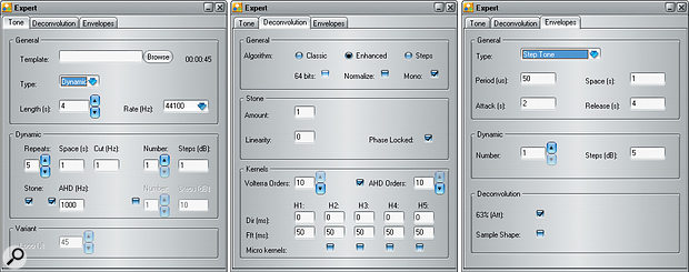 The three tabs of the Expert window, where you make most of the tweaks that will perfect your Nebula Library: the Tone tab is where you define the dynamic range that will be captured, and the space between each sample; the Deconvolution tab includes controls for determining how many harmonics will be captured, and therefore both how realistic and how resource-hungry your Library will be; but you can ignore the right-most one (Envelopes) for now, as this is only required when sampling compressors.