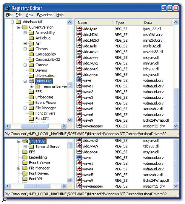 Some obscure audio and MIDI interface installation faults can be traced to duplicated and redundant entries in the Registry, which has 10-device driver limits that may prevent you properly installing a new interface. Using the Device Manager clean-up described in the main text removes these unwanted extras, as you can see from this screenshot. In the upper, 'before', Registry window you can see a total of eight wav devices, while 'after' the cleanup (lower window) the total has dropped to five.