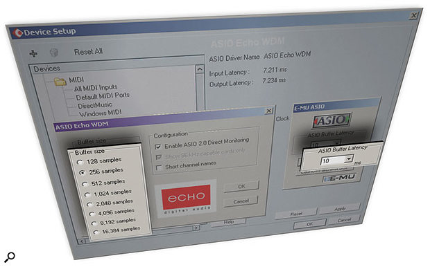 Choosing ASIO drivers, where possible, should help you achieve the lowest latency, using the Control Panel window provided by your particular audio interface. Here you can see the Control Panels for the Echo (left) and Emu (right) ranges, as launched from the Cubase SX Device Setup window.